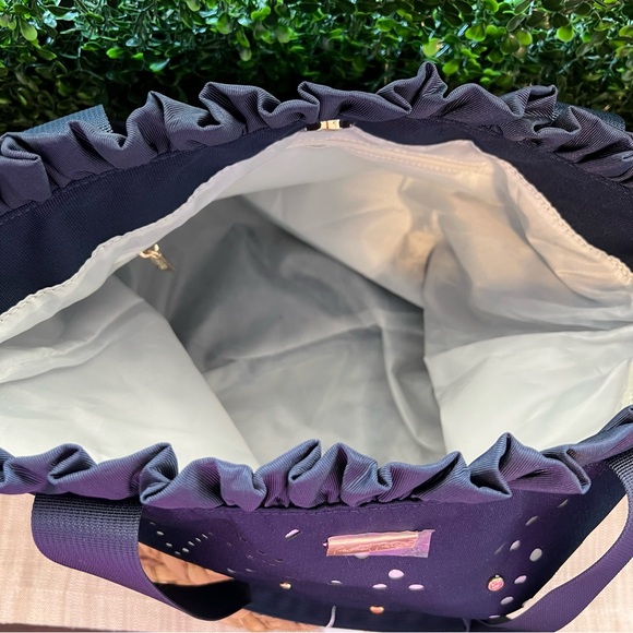 New Packed Party Navy Blue Bedazzled Ruffle Top Nylon Tote Bag | Packable - Picture 6 of 8